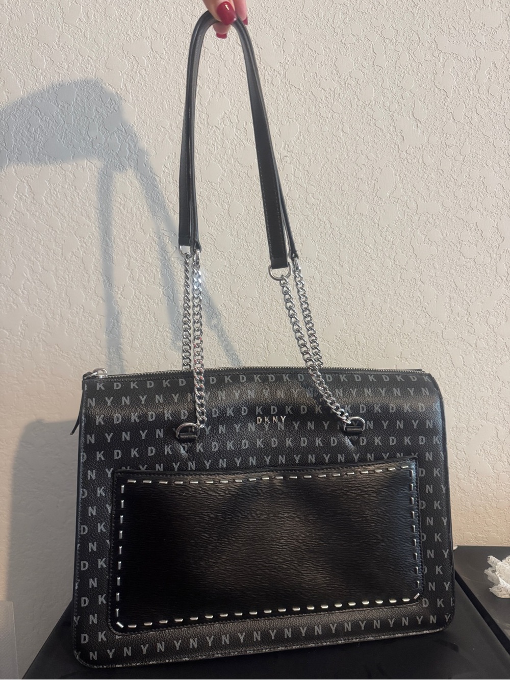 DKNY Black Monogram Logo-Print Shoulder Bag with Silver Chain Straps